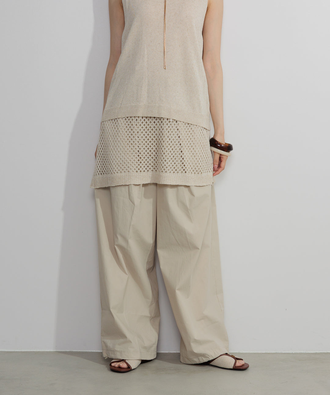【SET】ニットタンク×メッシュラップスカートセット+タックデザインドロストパンツ(2set)