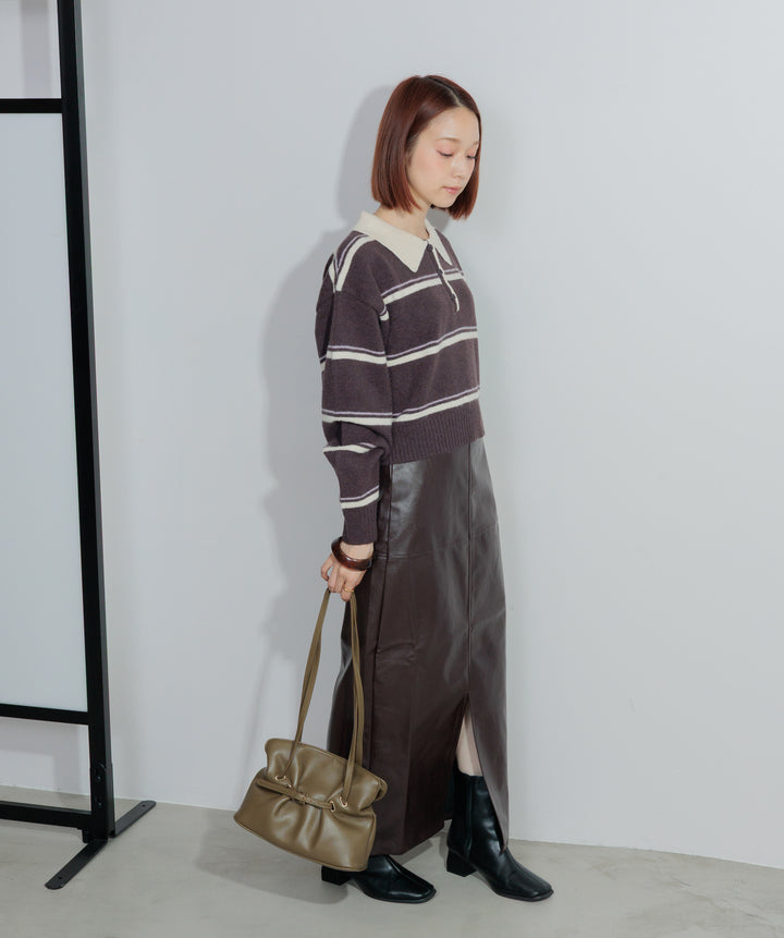 【SET】アルパカタッチボーダーポロニット+フェイクレザースリットロングスカート(2set)