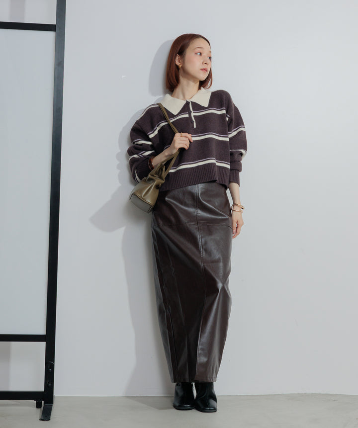 【SET】アルパカタッチボーダーポロニット+フェイクレザースリットロングスカート(2set)