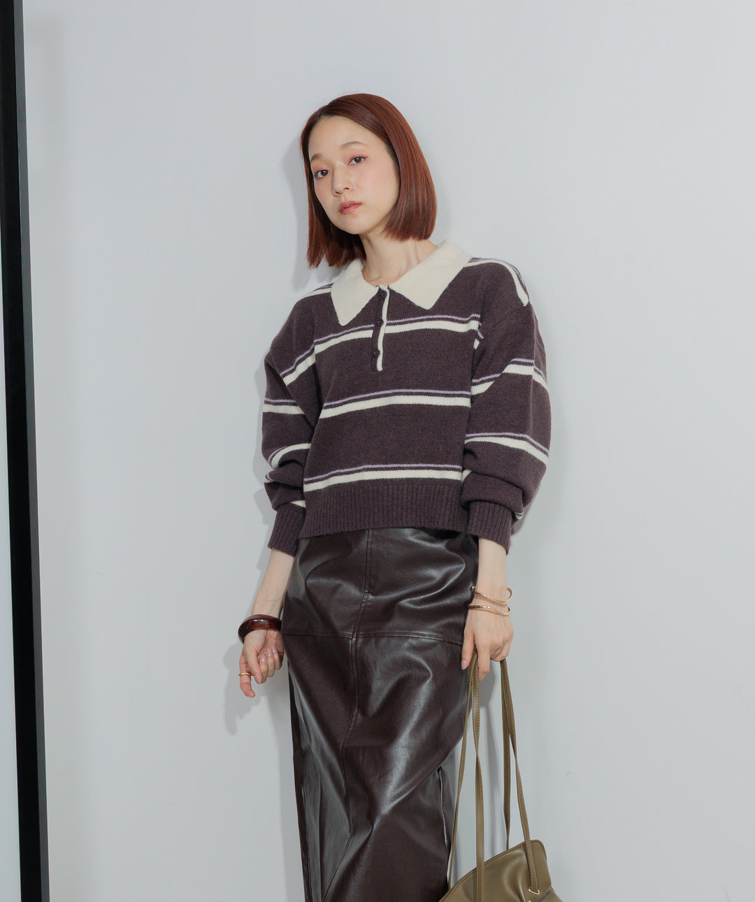 【SET】アルパカタッチボーダーポロニット+フェイクレザースリットロングスカート(2set)