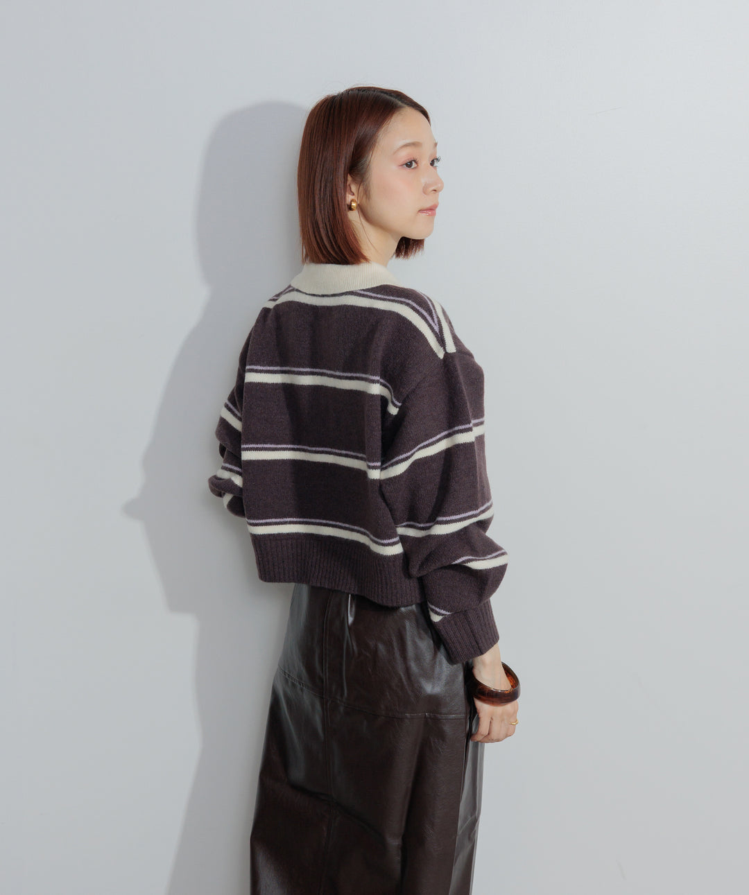 【SET】アルパカタッチボーダーポロニット+フェイクレザースリットロングスカート(2set)