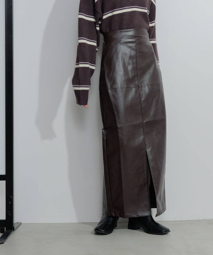 【SET】アルパカタッチボーダーポロニット+フェイクレザースリットロングスカート(2set)