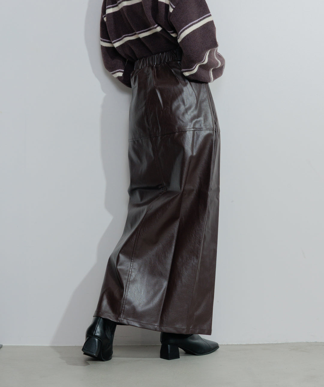 【SET】アルパカタッチボーダーポロニット+フェイクレザースリットロングスカート(2set)