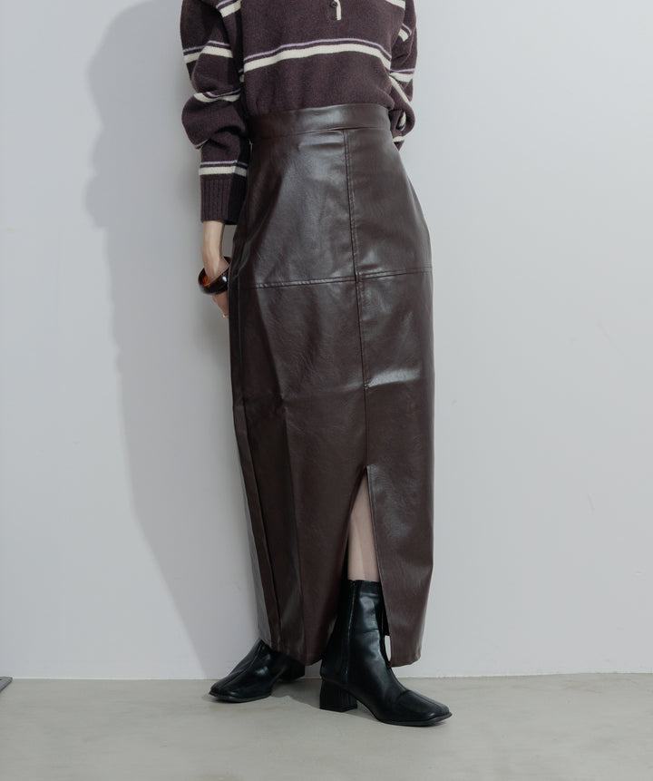 フェイクレザースリットロングスカート