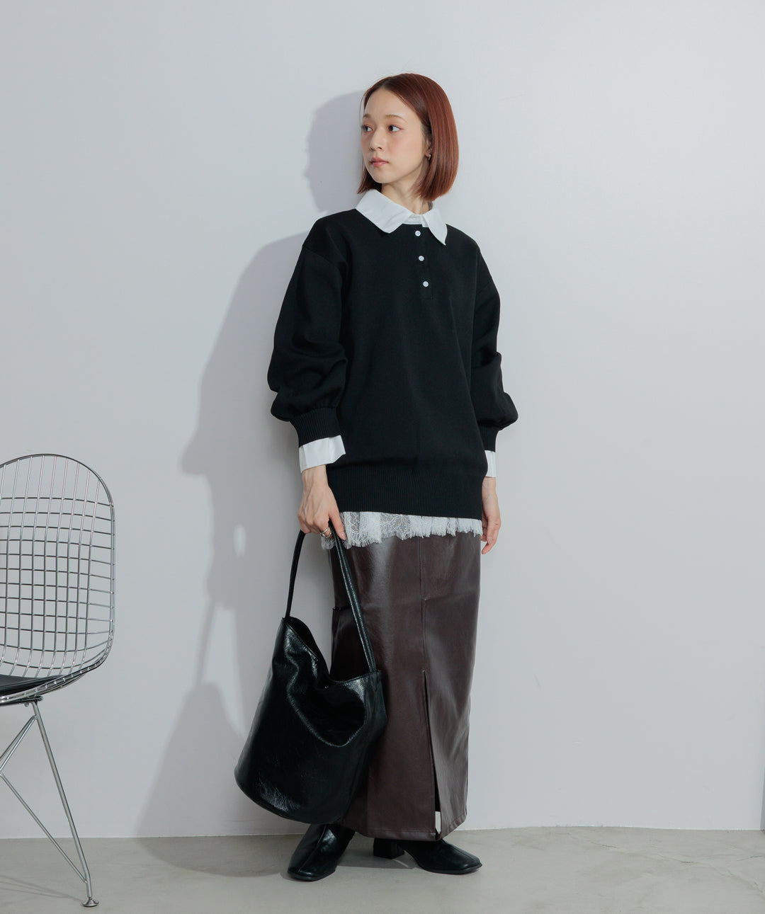 フェイクレザースリットロングスカート