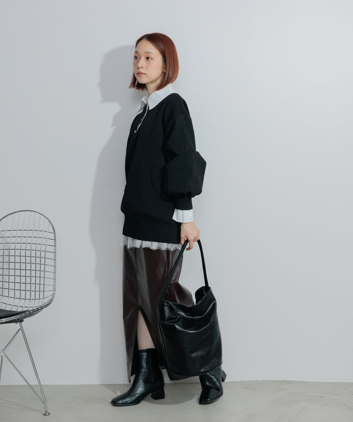【SET】シャツレイヤードポロニット+フェイクレザースリットロングスカート(2set)