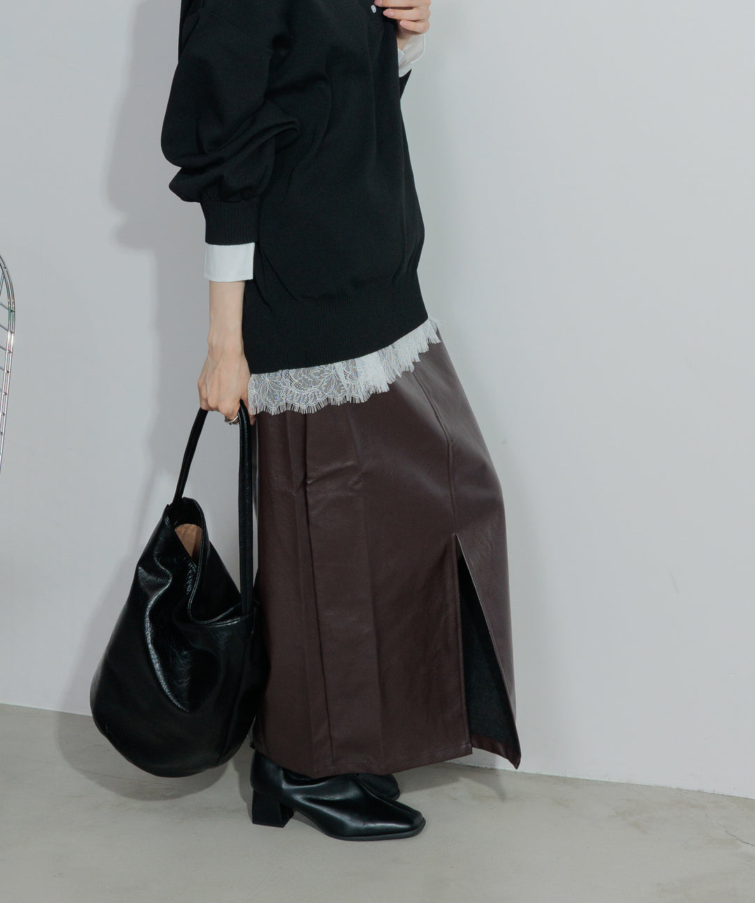 【SET】シャツレイヤードポロニット+フェイクレザースリットロングスカート(2set)
