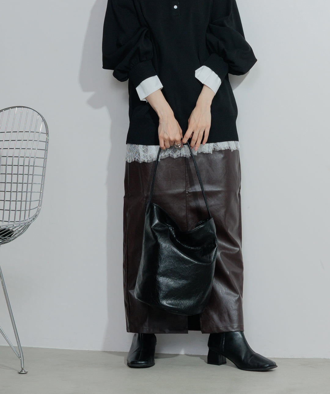 【SET】シャツレイヤードポロニット+フェイクレザースリットロングスカート(2set)