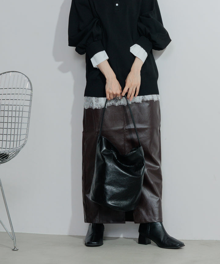 【SET】シャツレイヤードポロニット+フェイクレザースリットロングスカート(2set)