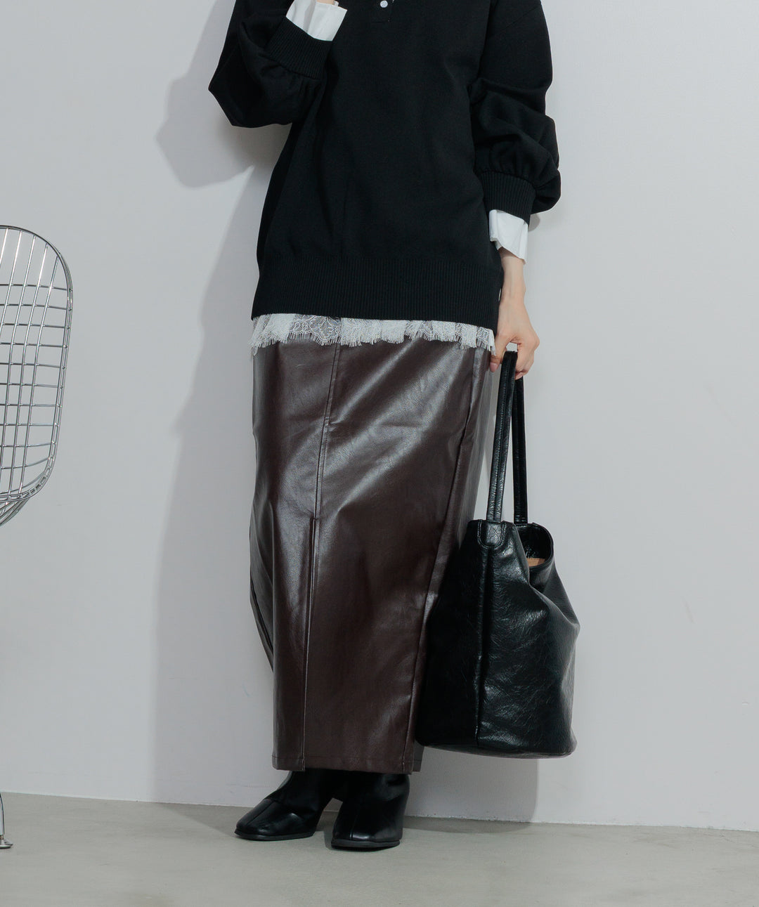 【SET】シャツレイヤードポロニット+フェイクレザースリットロングスカート(2set)