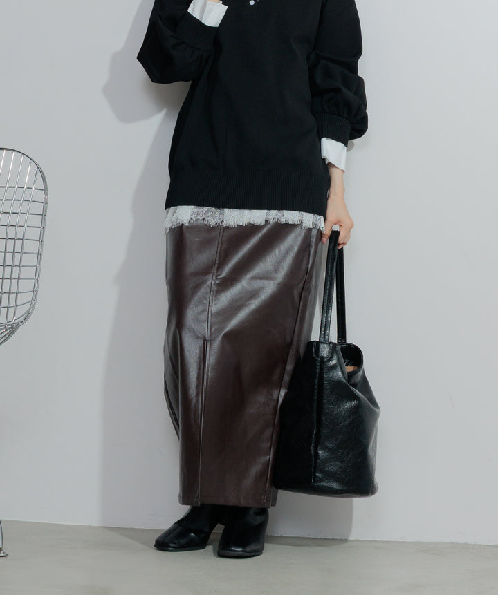 【SET】シャツレイヤードポロニット+フェイクレザースリットロングスカート(2set)