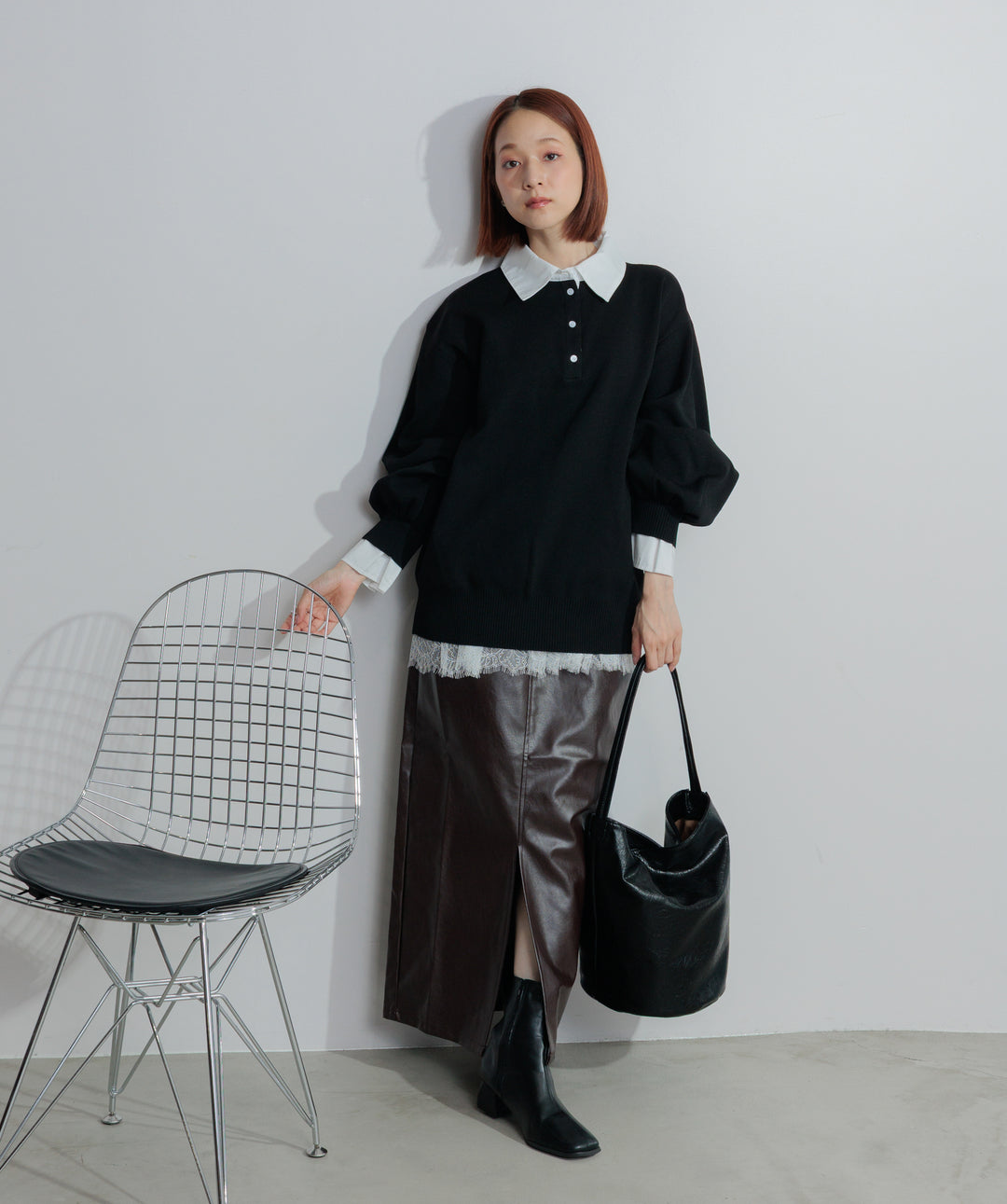 フェイクレザースリットロングスカート