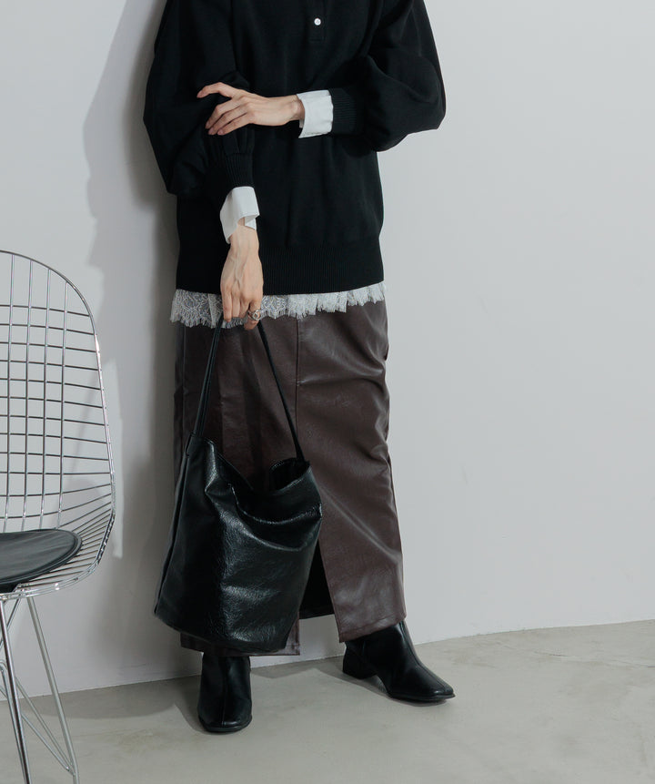 【SET】シャツレイヤードポロニット+フェイクレザースリットロングスカート(2set)