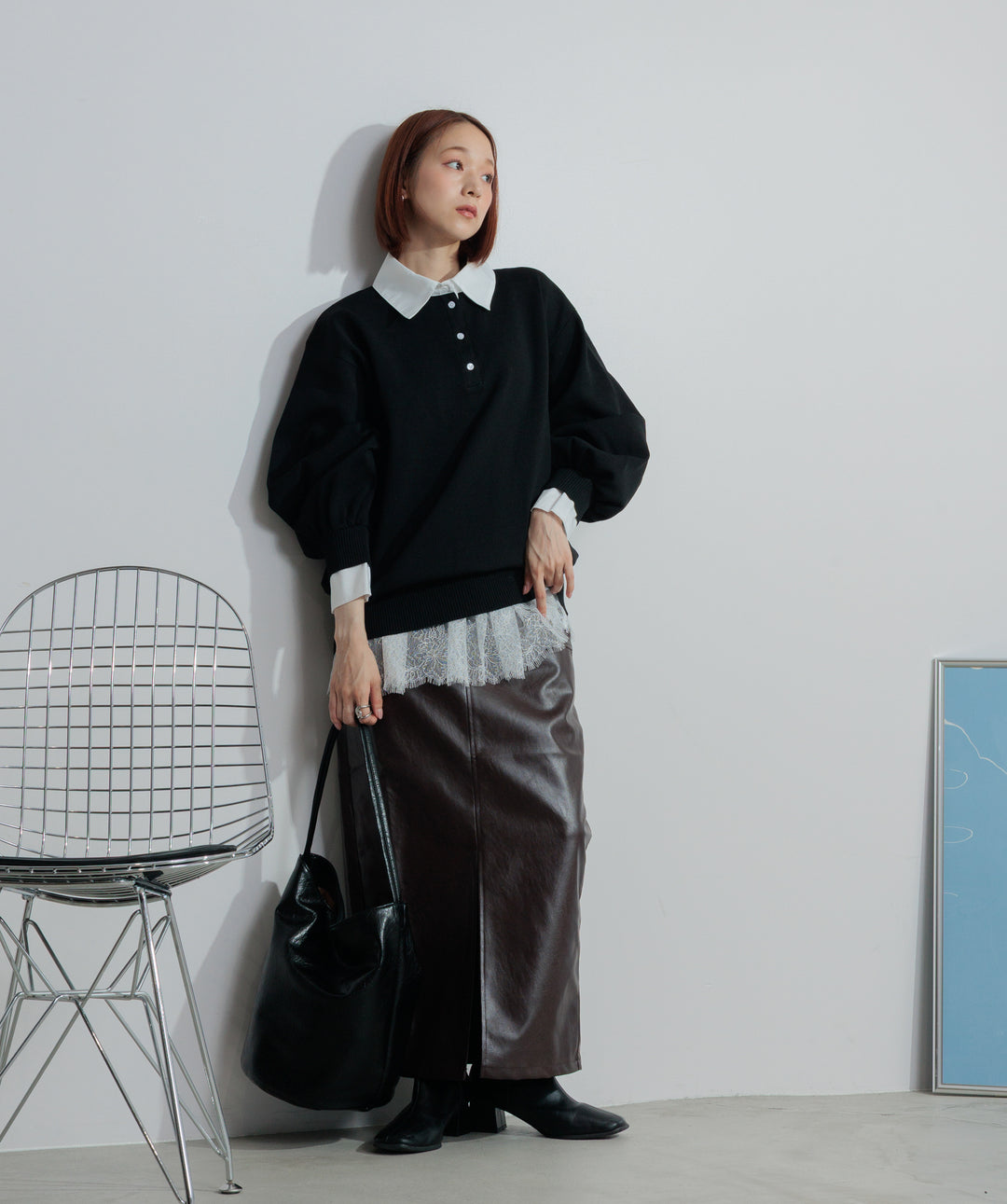 【SET】シャツレイヤードポロニット+フェイクレザースリットロングスカート(2set)