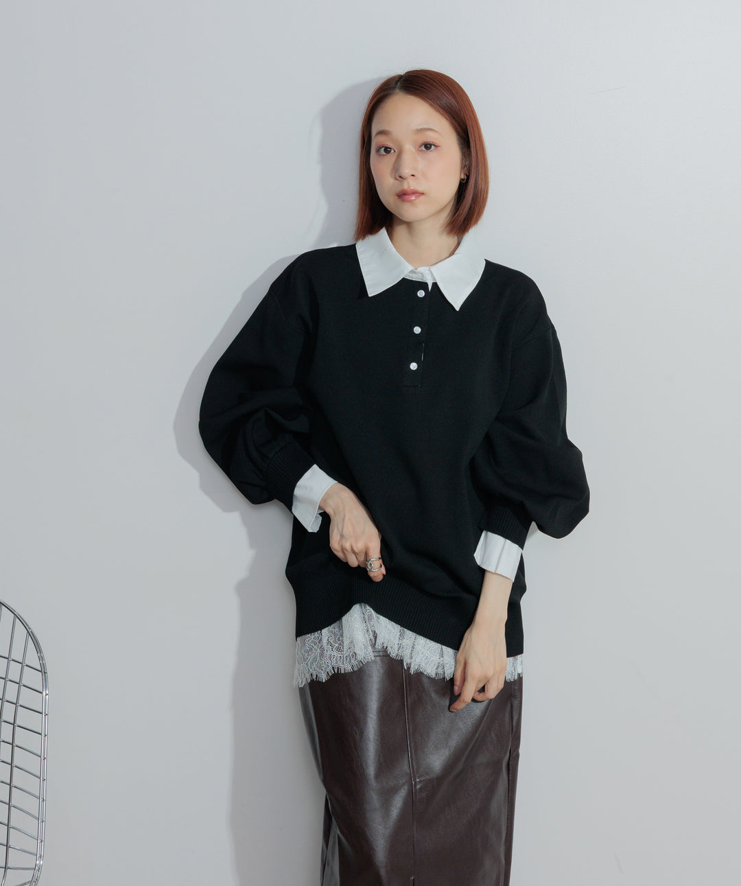 【SET】シャツレイヤードポロニット+フェイクレザースリットロングスカート(2set)