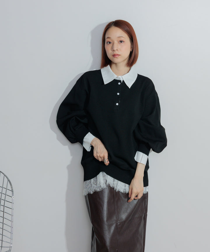 【SET】シャツレイヤードポロニット+フェイクレザースリットロングスカート(2set)