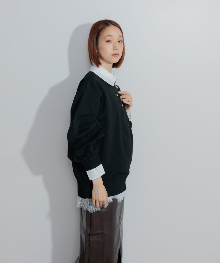 【SET】シャツレイヤードポロニット+フェイクレザースリットロングスカート(2set)
