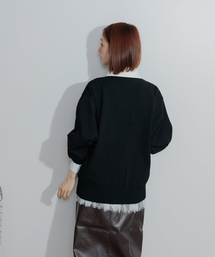 【SET】シャツレイヤードポロニット+フェイクレザースリットロングスカート(2set)