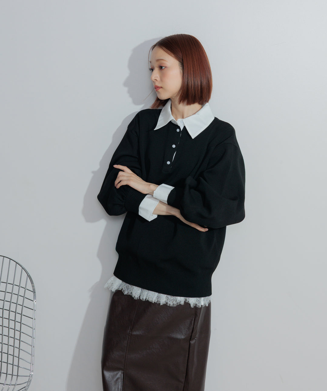 【SET】シャツレイヤードポロニット+フェイクレザースリットロングスカート(2set)
