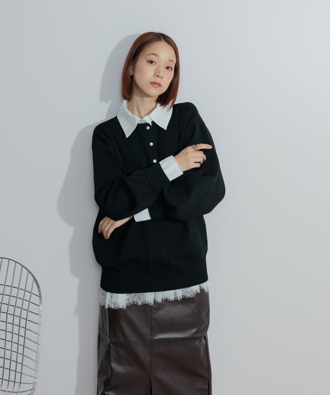 【SET】シャツレイヤードポロニット+フェイクレザースリットロングスカート(2set)