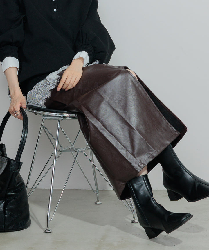 【SET】シャツレイヤードポロニット+フェイクレザースリットロングスカート(2set)