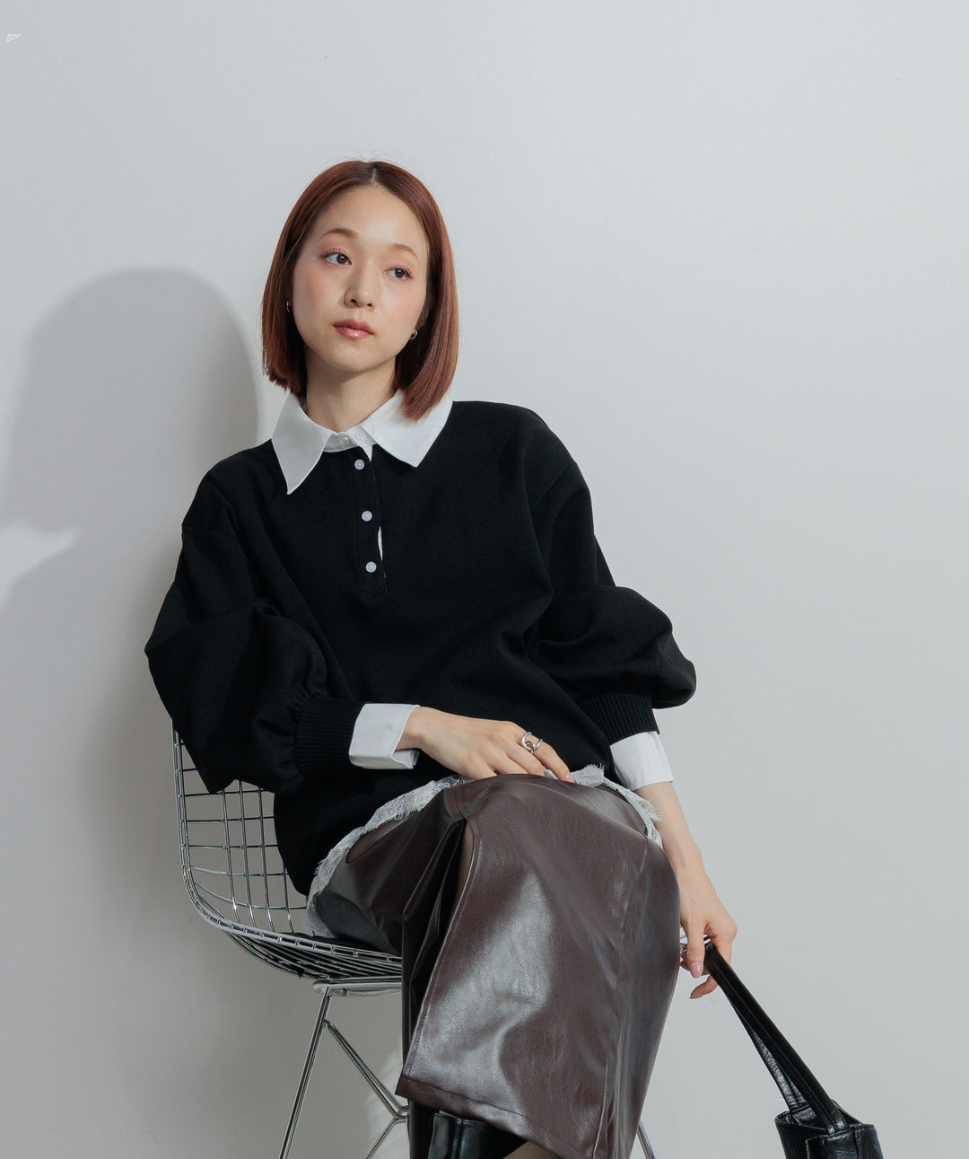 【SET】シャツレイヤードポロニット+フェイクレザースリットロングスカート(2set)