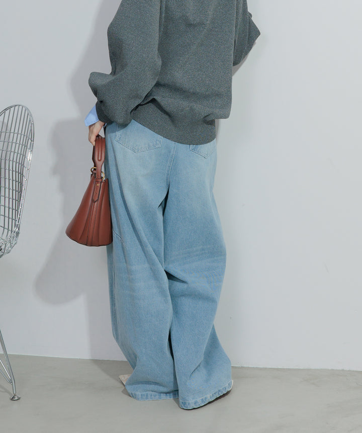 【SET】シャツレイヤードポロニット+ハイウエストベルトループデザインデニムパンツ(2set)