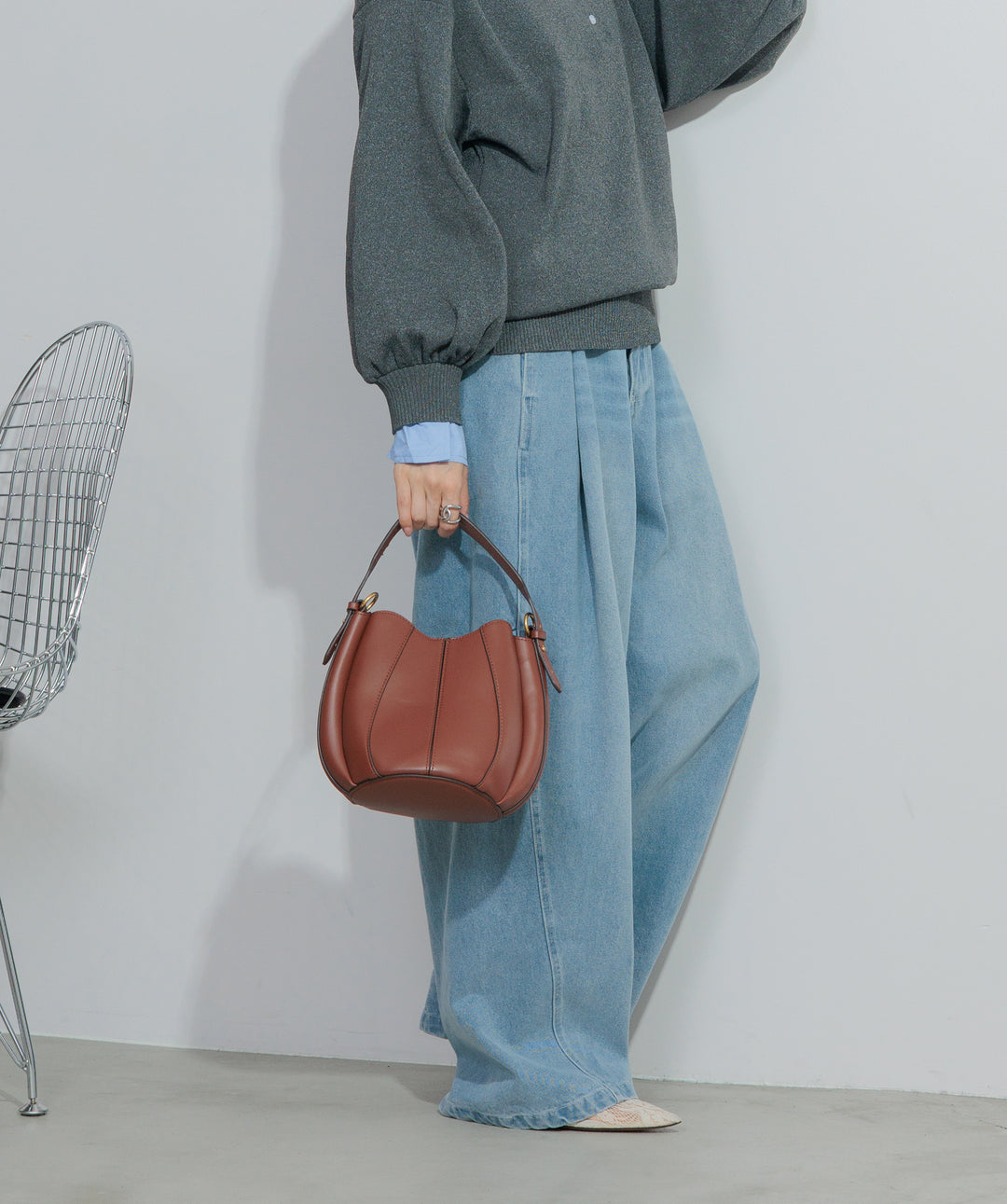 【SET】シャツレイヤードポロニット+ハイウエストベルトループデザインデニムパンツ(2set)