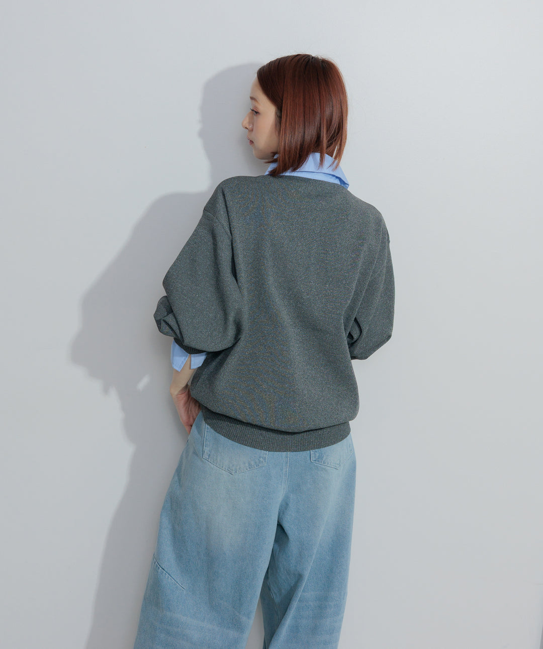【SET】シャツレイヤードポロニット+ハイウエストベルトループデザインデニムパンツ(2set)