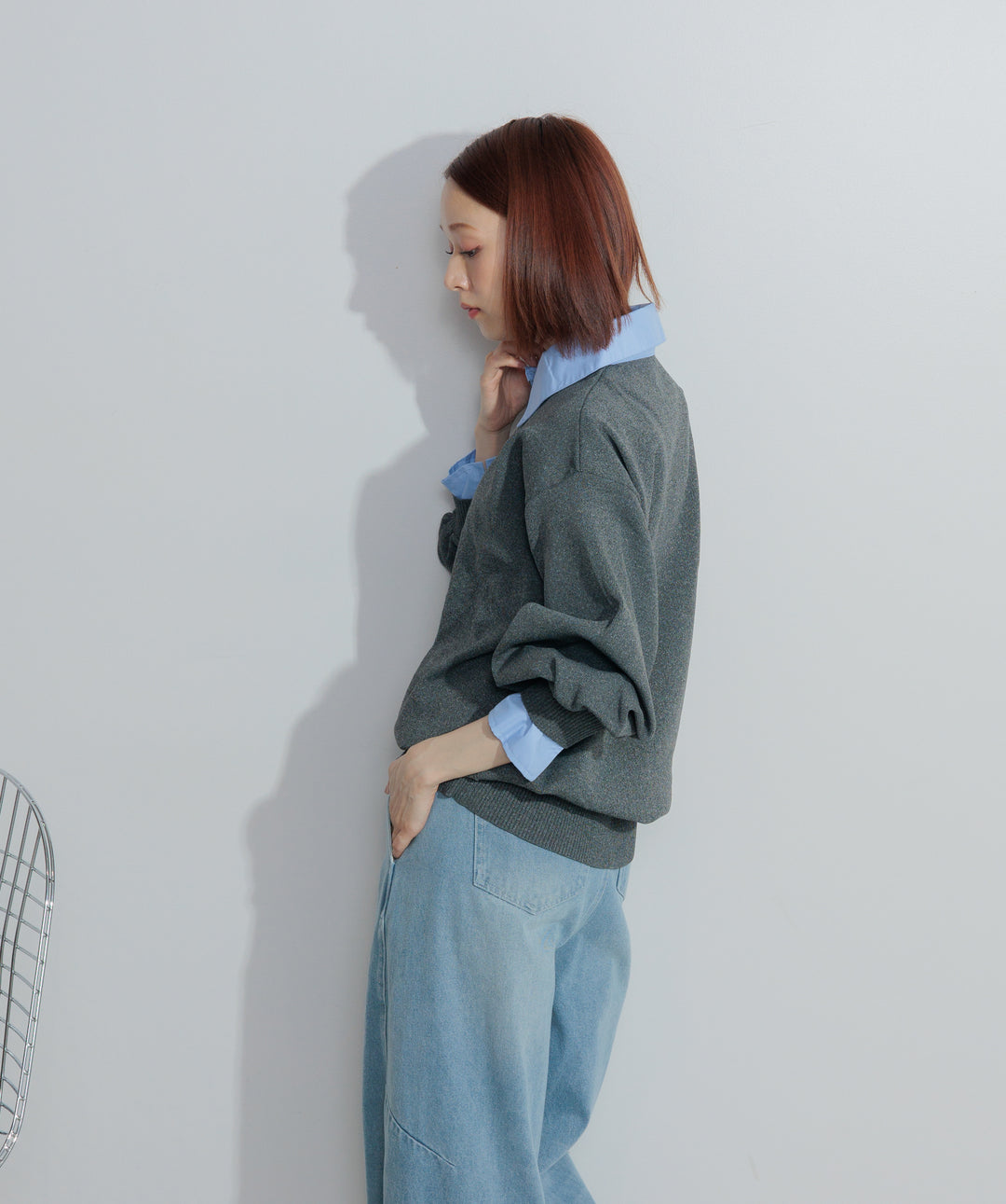 【SET】シャツレイヤードポロニット+ハイウエストベルトループデザインデニムパンツ(2set)