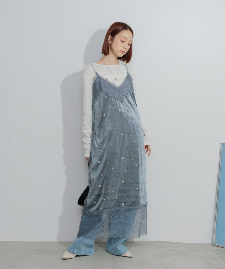 【SET】シアーベロアロングスリーブトップス+ベロア刺繍レースキャミワンピース+ハイウエストベルトループデザインデニムパンツ(3set)