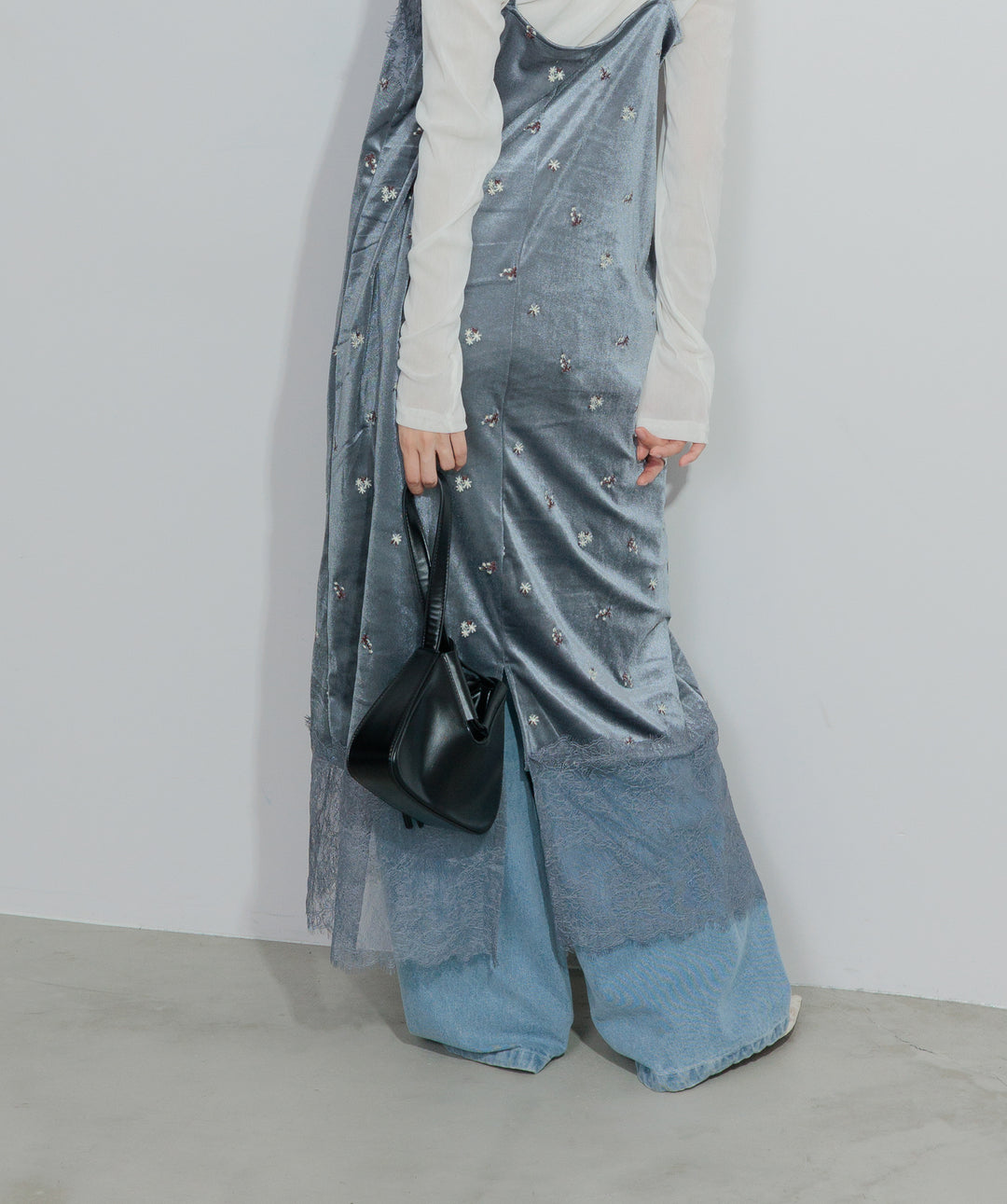 【SET】シアーベロアロングスリーブトップス+ベロア刺繍レースキャミワンピース+ハイウエストベルトループデザインデニムパンツ(3set)