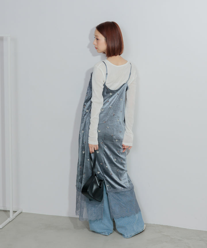 【SET】シアーベロアロングスリーブトップス+ベロア刺繍レースキャミワンピース+ハイウエストベルトループデザインデニムパンツ(3set)