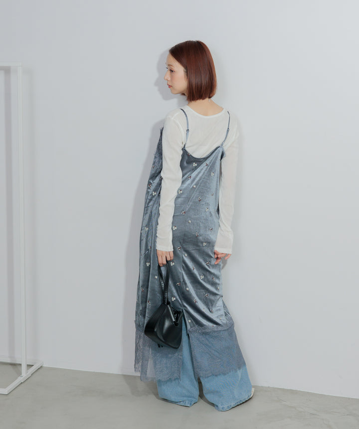 ベロア刺繍レースキャミワンピース