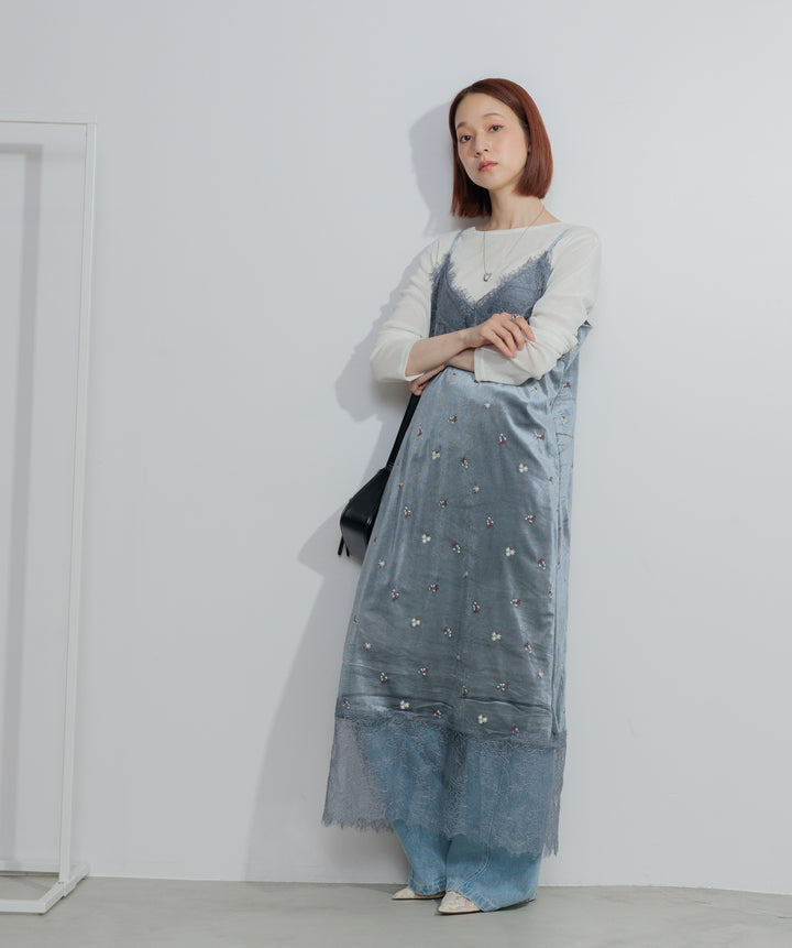 【SET】シアーベロアロングスリーブトップス+ベロア刺繍レースキャミワンピース+ハイウエストベルトループデザインデニムパンツ(3set)
