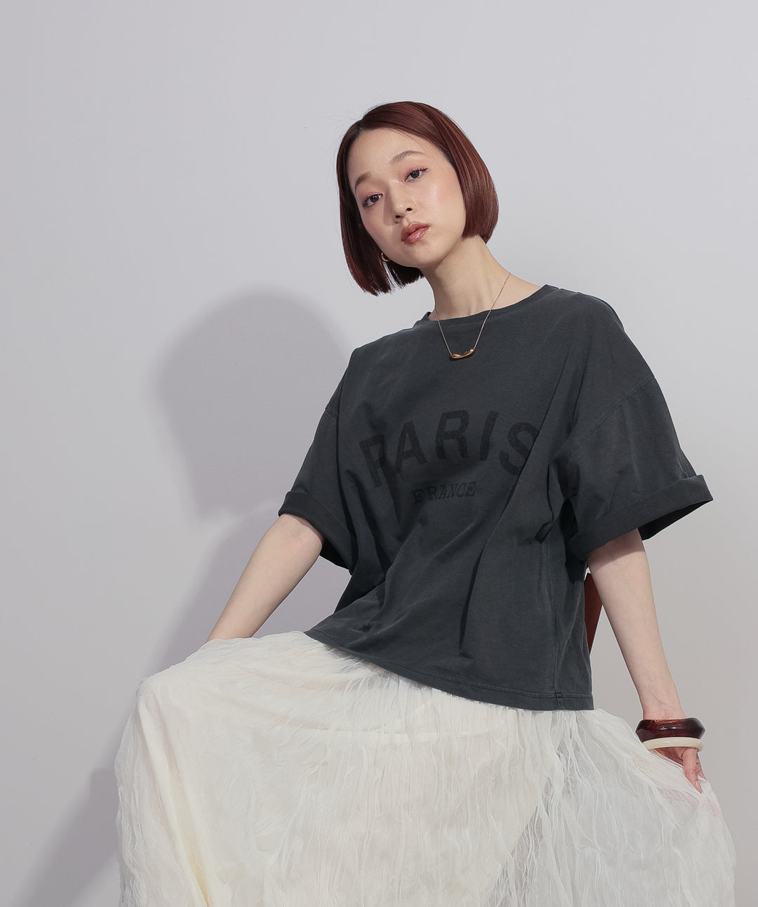 【SET】ピグメントロゴプリントTシャツ+ワッシャーレーススカート(2set)