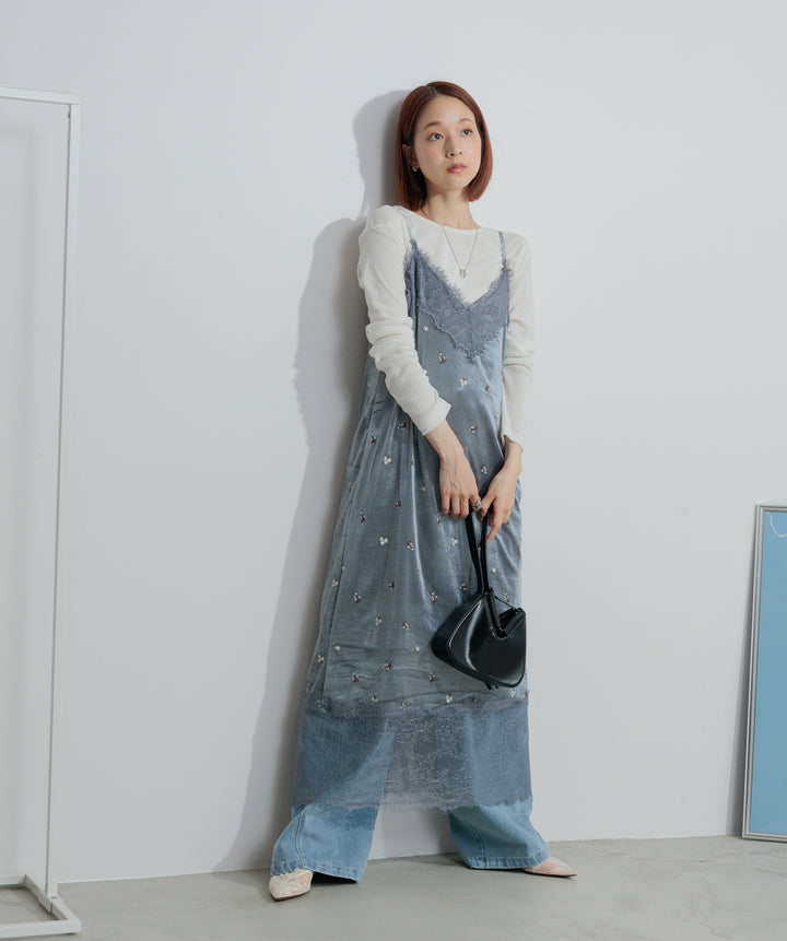 ベロア刺繍レースキャミワンピース