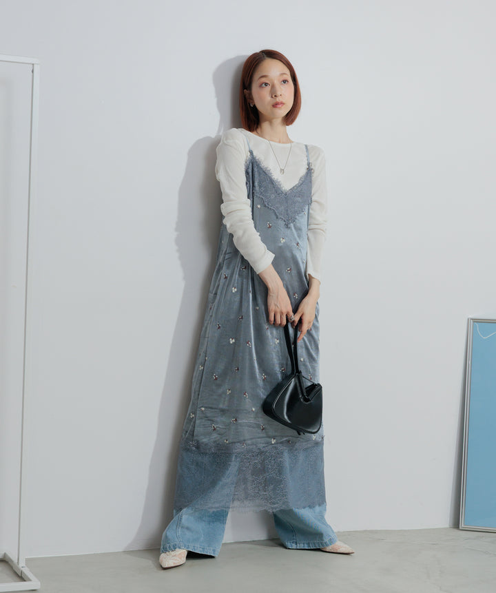 【SET】シアーベロアロングスリーブトップス+ベロア刺繍レースキャミワンピース+ハイウエストベルトループデザインデニムパンツ(3set)