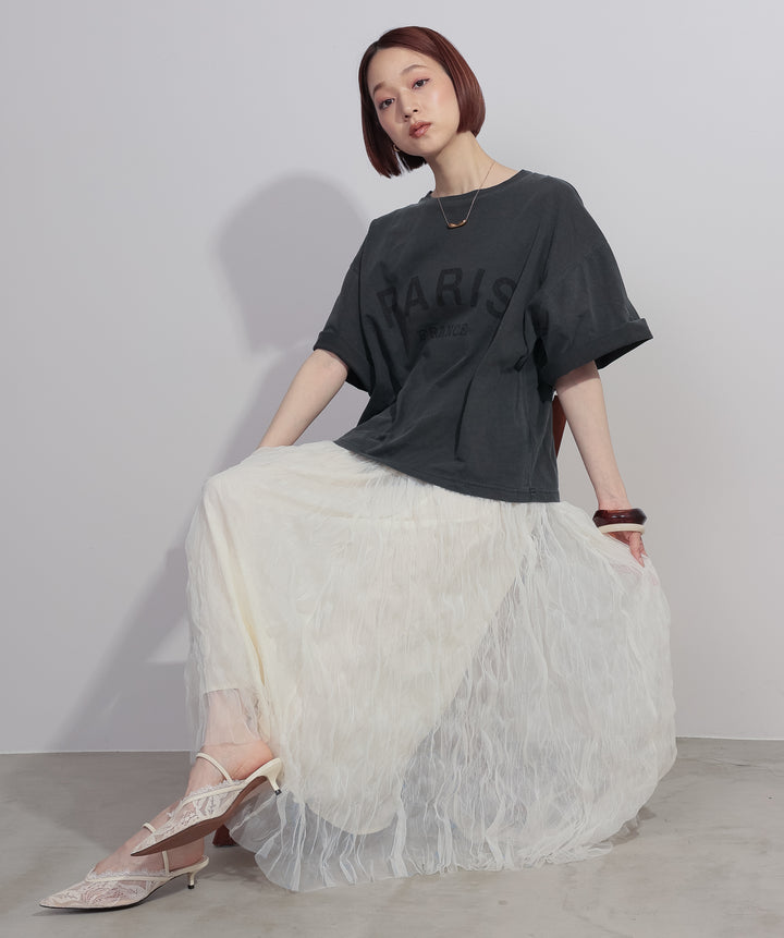 【SET】ピグメントロゴプリントTシャツ+ワッシャーレーススカート(2set)