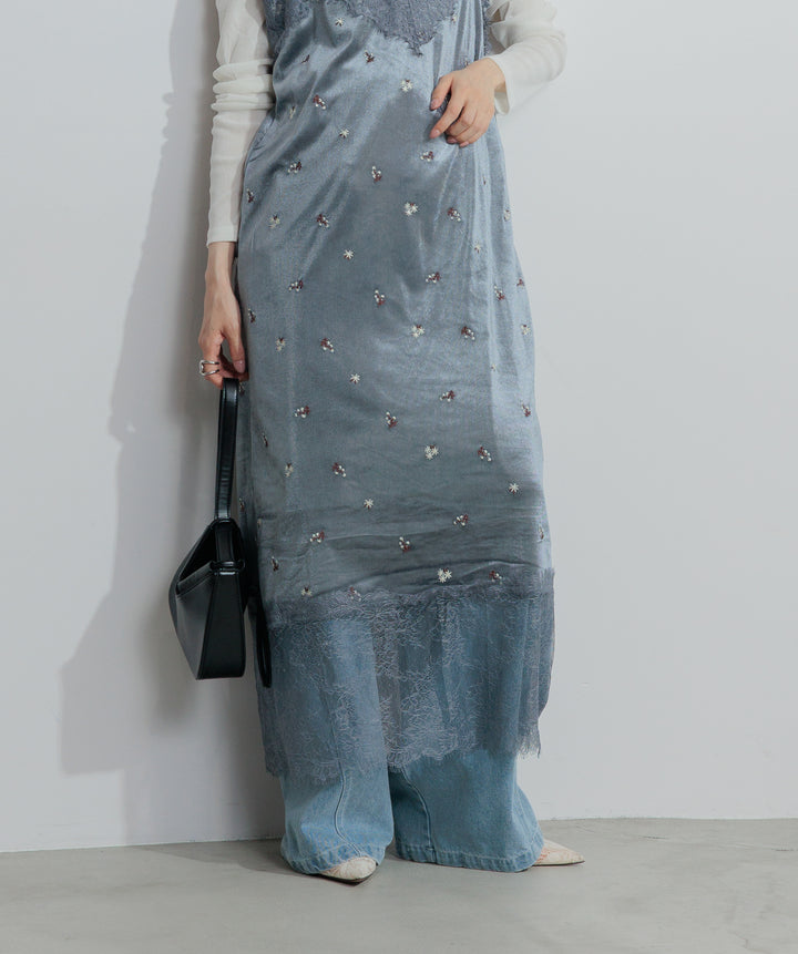 【SET】シアーベロアロングスリーブトップス+ベロア刺繍レースキャミワンピース+ハイウエストベルトループデザインデニムパンツ(3set)