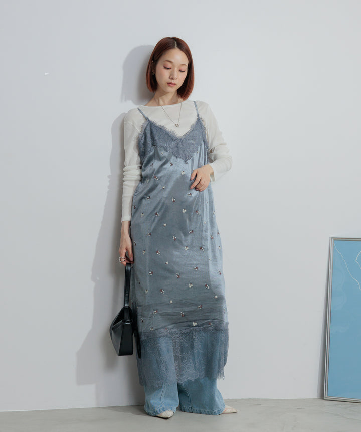 【SET】シアーベロアロングスリーブトップス+ベロア刺繍レースキャミワンピース+ハイウエストベルトループデザインデニムパンツ(3set)