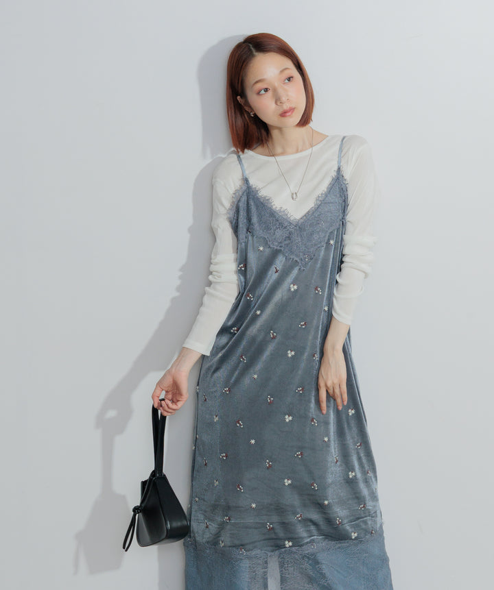 【SET】シアーベロアロングスリーブトップス+ベロア刺繍レースキャミワンピース+ハイウエストベルトループデザインデニムパンツ(3set)