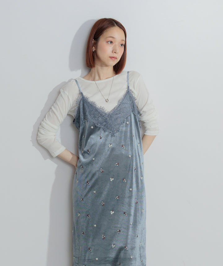 ベロア刺繍レースキャミワンピース