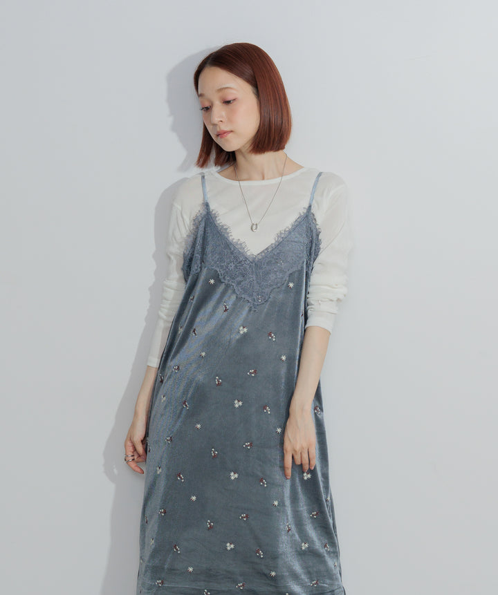 ベロア刺繍レースキャミワンピース