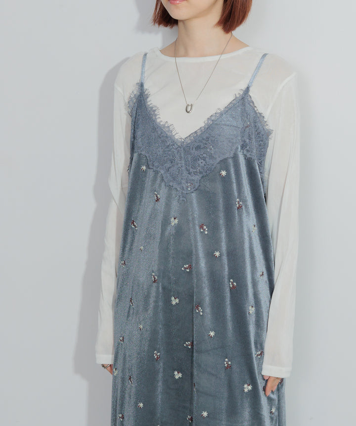 ベロア刺繍レースキャミワンピース
