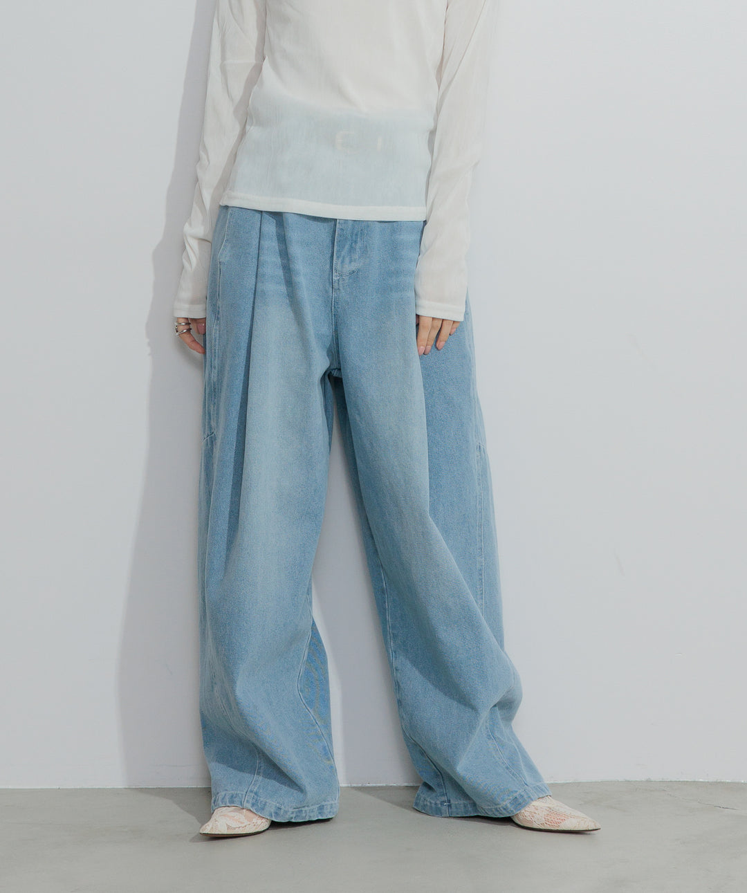 【SET】シアーベロアロングスリーブトップス+ベロア刺繍レースキャミワンピース+ハイウエストベルトループデザインデニムパンツ(3set)