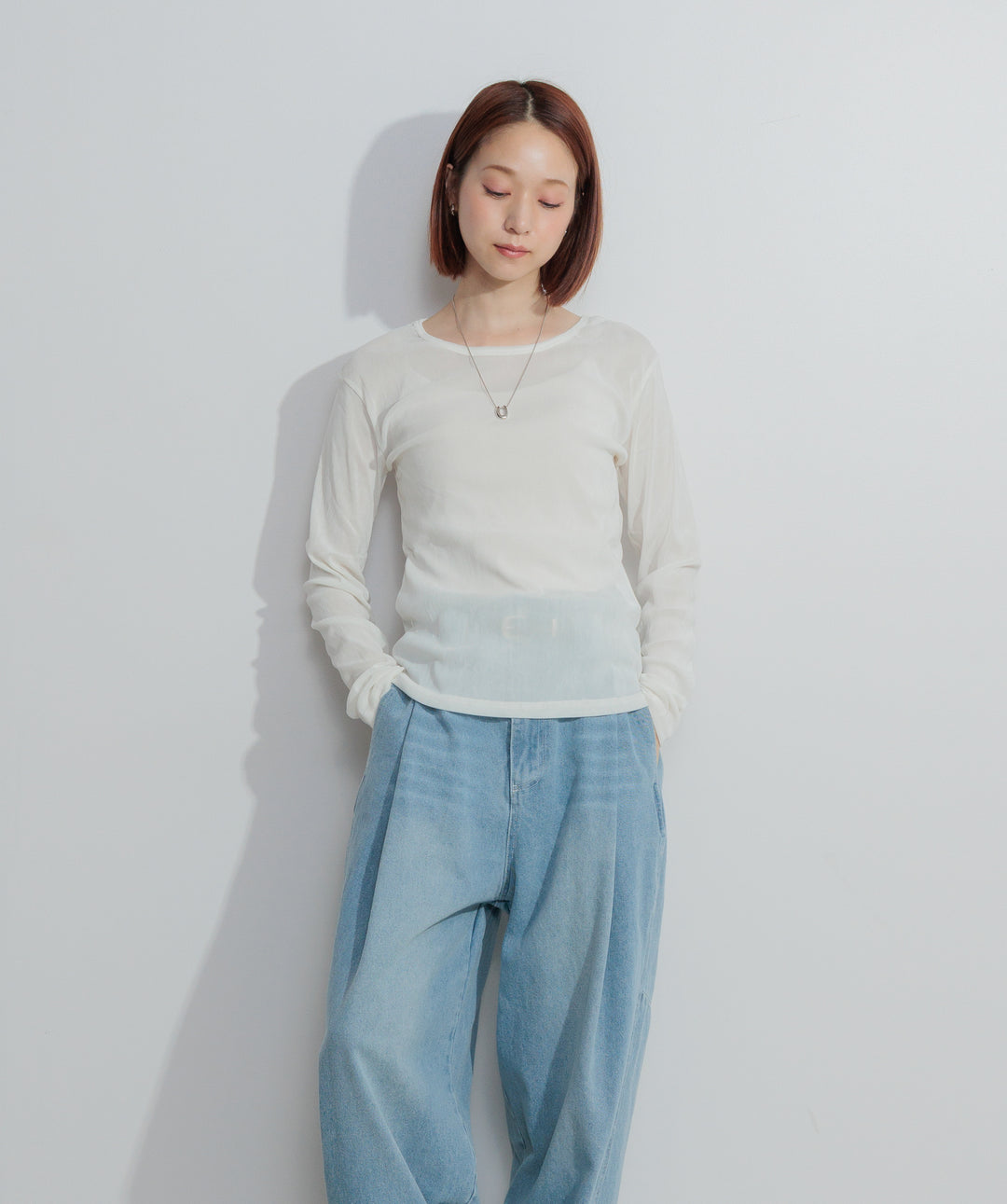 【SET】シアーベロアロングスリーブトップス+ベロア刺繍レースキャミワンピース+ハイウエストベルトループデザインデニムパンツ(3set)