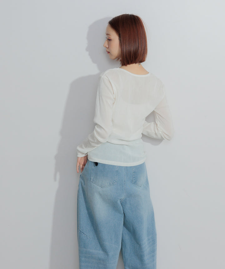【SET】シアーベロアロングスリーブトップス+ベロア刺繍レースキャミワンピース+ハイウエストベルトループデザインデニムパンツ(3set)