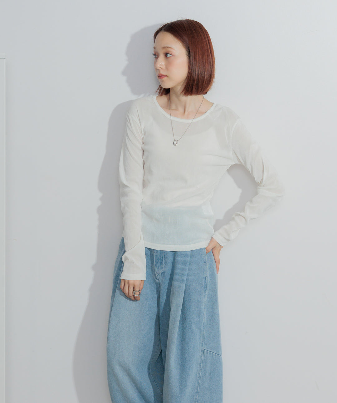【SET】シアーベロアロングスリーブトップス+ベロア刺繍レースキャミワンピース+ハイウエストベルトループデザインデニムパンツ(3set)