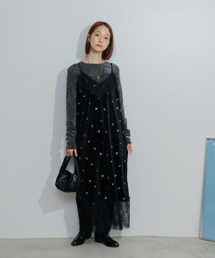 ベロア刺繍レースキャミワンピース